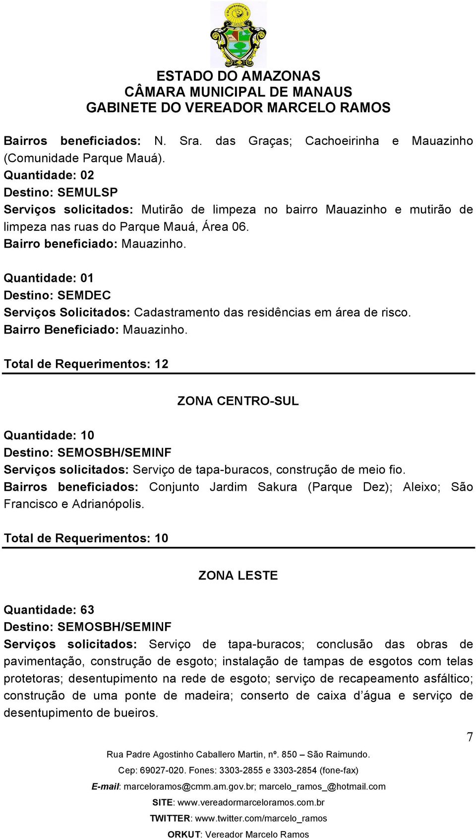 Quantidade: 01 Destino: SEMDEC Serviços Solicitados: Cadastramento das residências em área de risco. Bairro Beneficiado: Mauazinho.