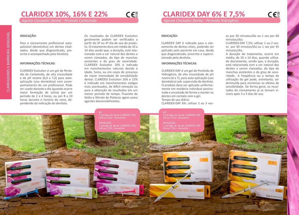 CLARIDEX Evolution é um gel de Peróxido de Carbamida, de alta viscosidade e de ph neutro (6,0 a 7,0) para autoaplicação (uso doméstico) com acompanhamento de um profissional.