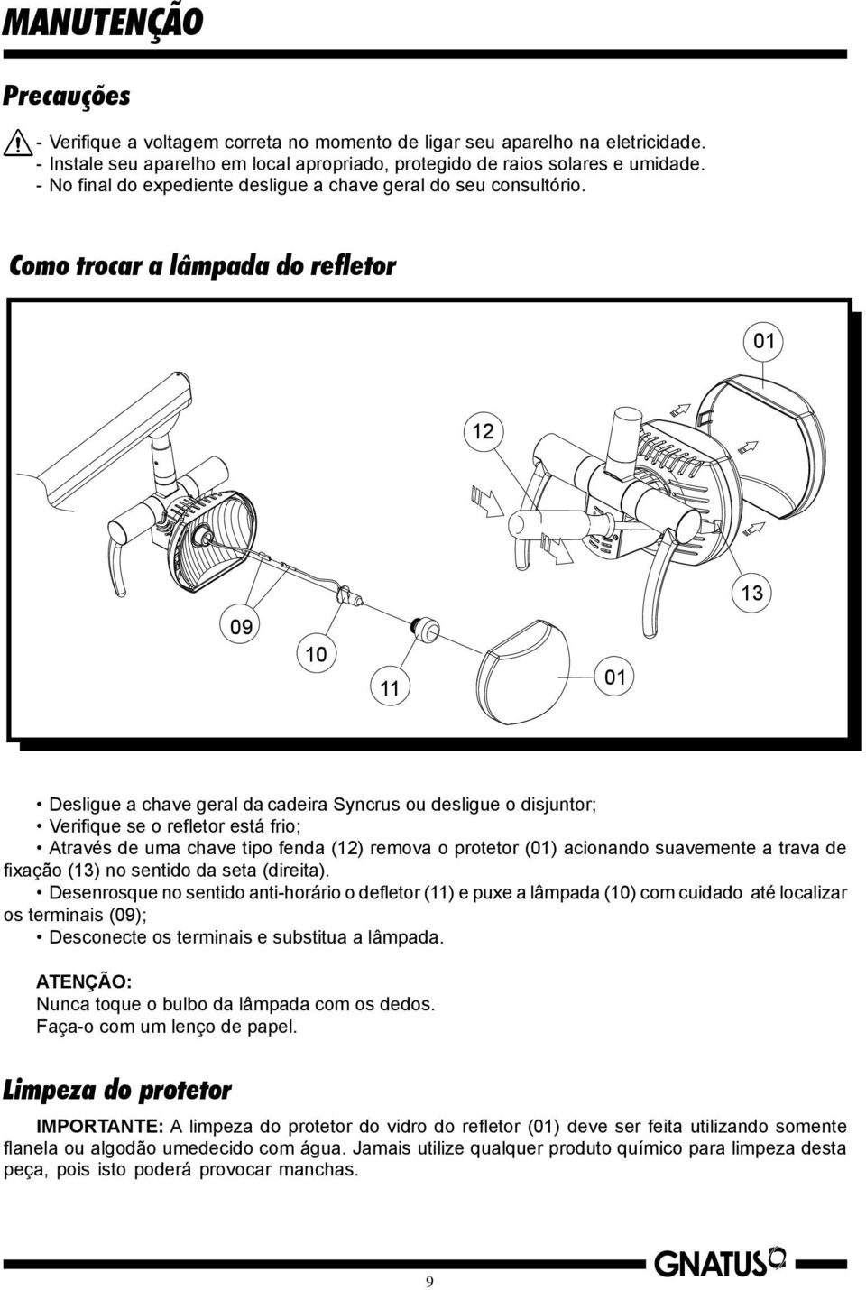 Como trocar a lâmpada do refletor 01 12 13 09 10 11 01 Desligue a chave geral da cadeira Syncrus ou desligue o disjuntor; Verifique se o refletor está frio; Através de uma chave tipo fenda (12)