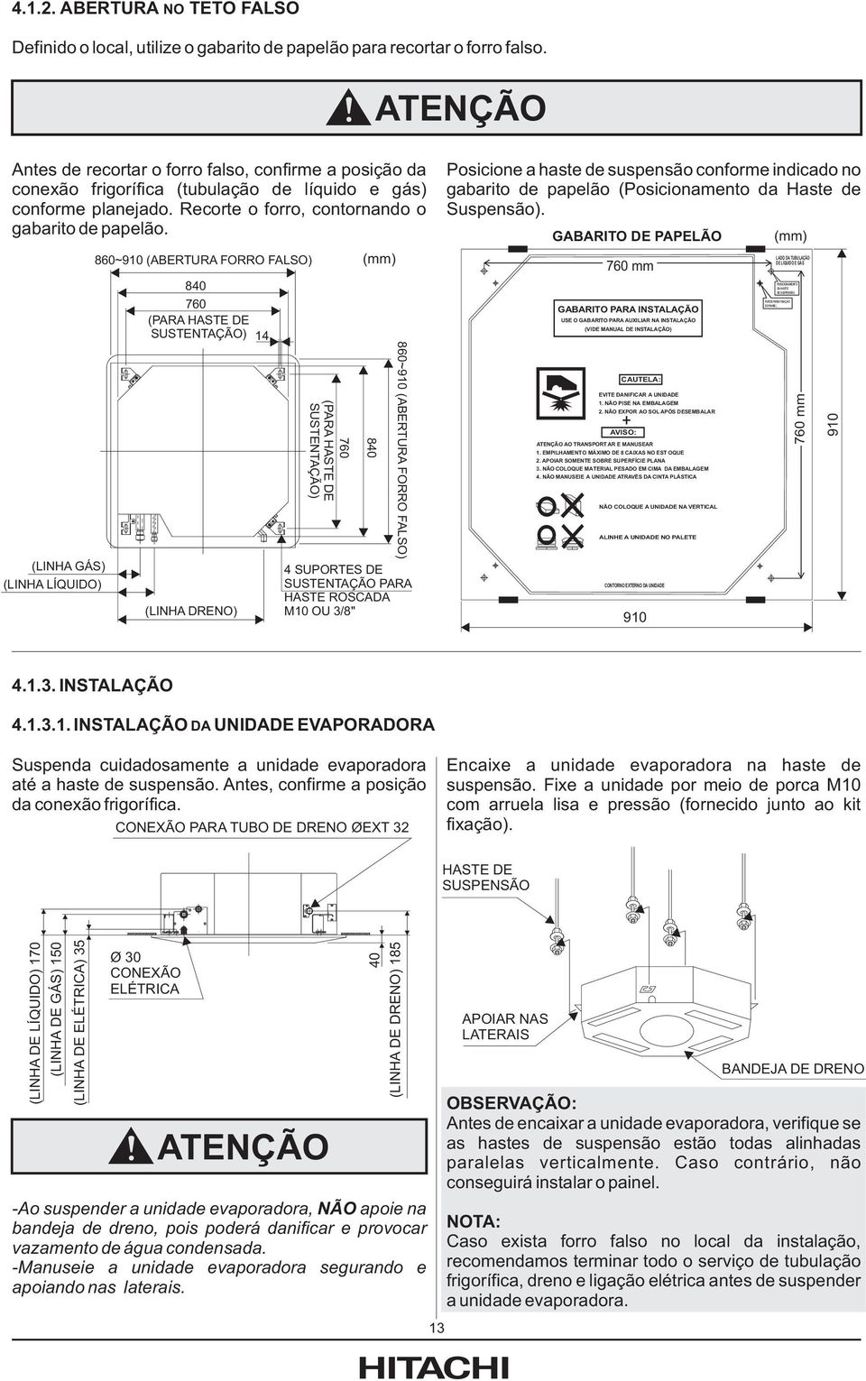 860~910 (ABERTURA FORRO FALSO) 840 760 (PARA HASTE DE SUSTENTAÇÃO) 14 (mm) Posicione a haste de suspensão conforme indicado no gabarito de papelão (Posicionamento da Haste de Suspensão).