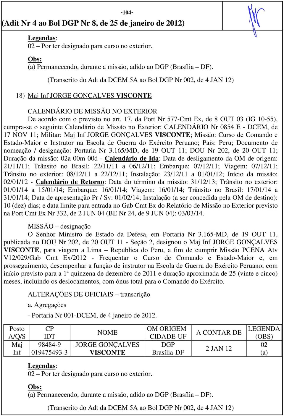 17, da Port Nr 577-Cmt Ex, de 8 OUT 03 (IG 10-55), cumpra-se o seguinte Calendário de Missão no Exterior: CALENDÁRIO Nr 0854 E - DCEM, de 17 NOV 11; Militar: Maj Inf JORGE GONÇALVES VISCONTE; Missão: