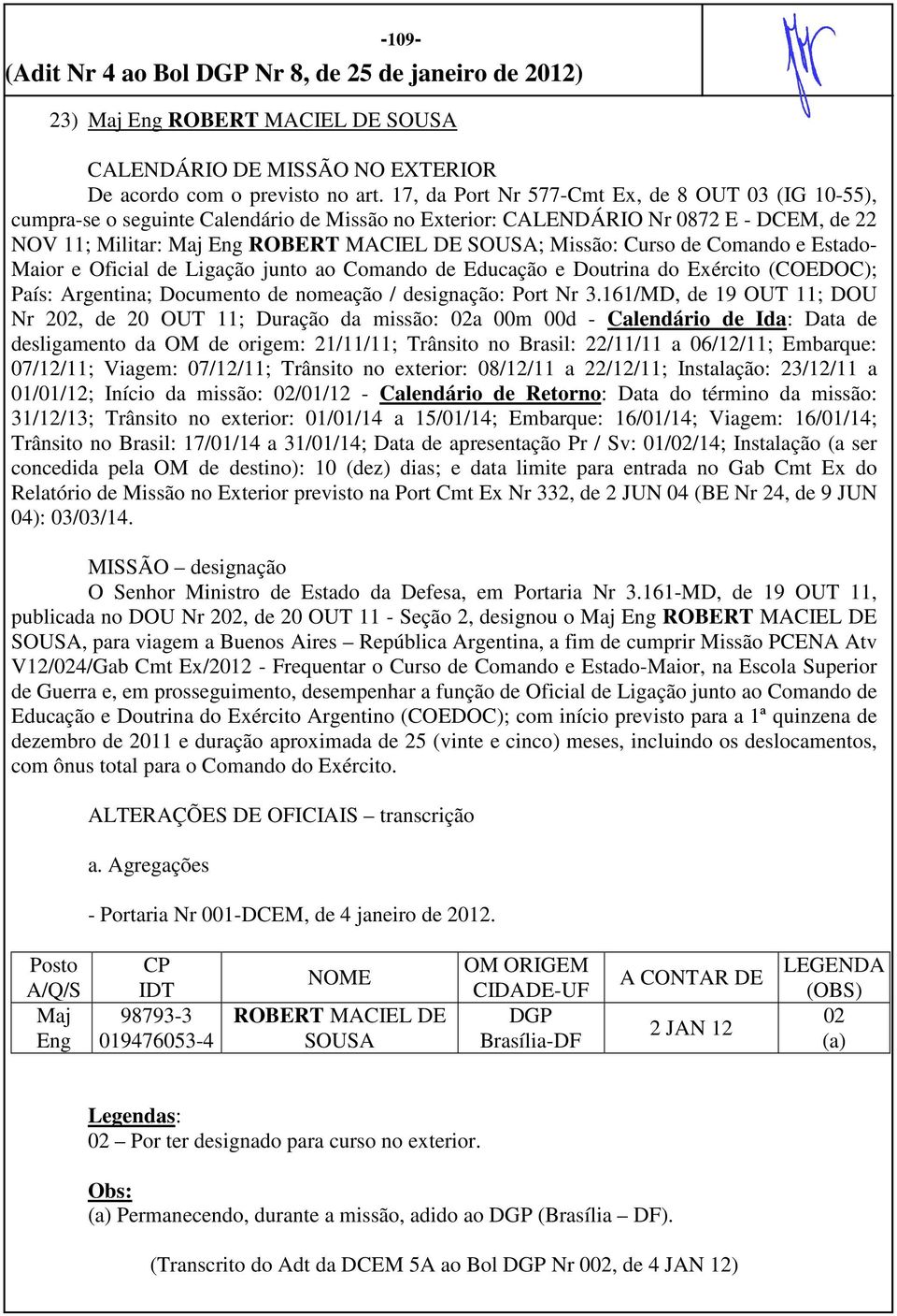 Curso de Comando e Estado- Maior e Oficial de Ligação junto ao Comando de Educação e Doutrina do Exército (COEDOC); País: Argentina; Documento de nomeação / designação: Port Nr 3.