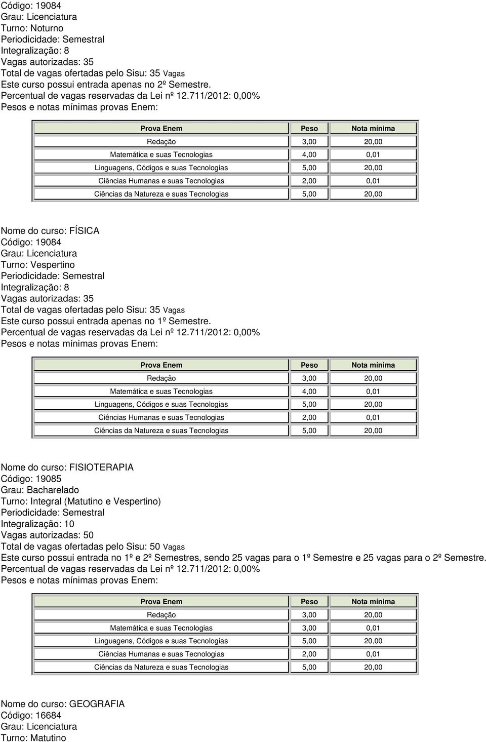 autorizadas: 50 Total de vagas ofertadas pelo Sisu: 50 Vagas Este curso possui entrada no 1º e 2º Semestres, sendo 25 vagas para o