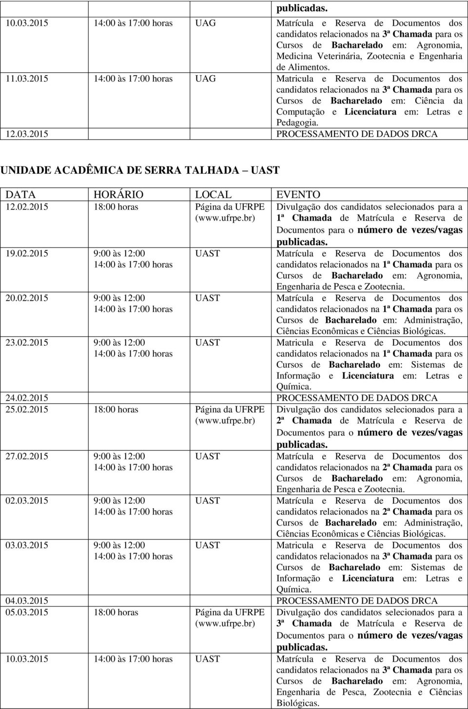 23.02.2015 9:00 às 12:00 Cursos de Bacharelado em: Sistemas de Informação e Licenciatura em: Letras e Química. 24.02.2015 PROCESSAMENTO DE DADOS DRCA 25.02.2015 18:00 horas Página da UFRPE 27.02.2015 9:00 às 12:00 02.