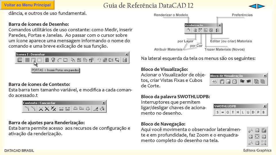 Na lateral esquerda da tela os menus são os seguintes: Barra de ícones de Contexto: Esta barra tem tamanho variável, e modifica a cada comando acessado.