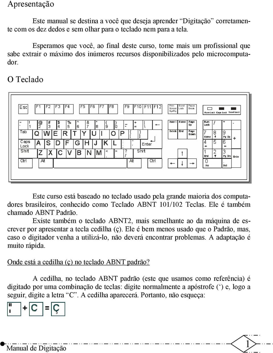 O Teclado Este curso está baseado no teclado usado pela grande maioria dos computadores brasileiros, conhecido como Teclado ABNT 101/102 Teclas. Ele é também chamado ABNT Padrão.