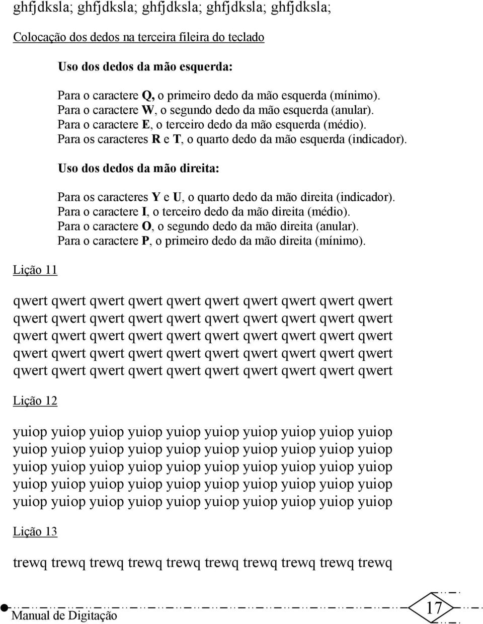 Uso dos dedos da mão direita: Para os caracteres Y e U, o quarto dedo da mão direita (indicador). Para o caractere I, o terceiro dedo da mão direita (médio).