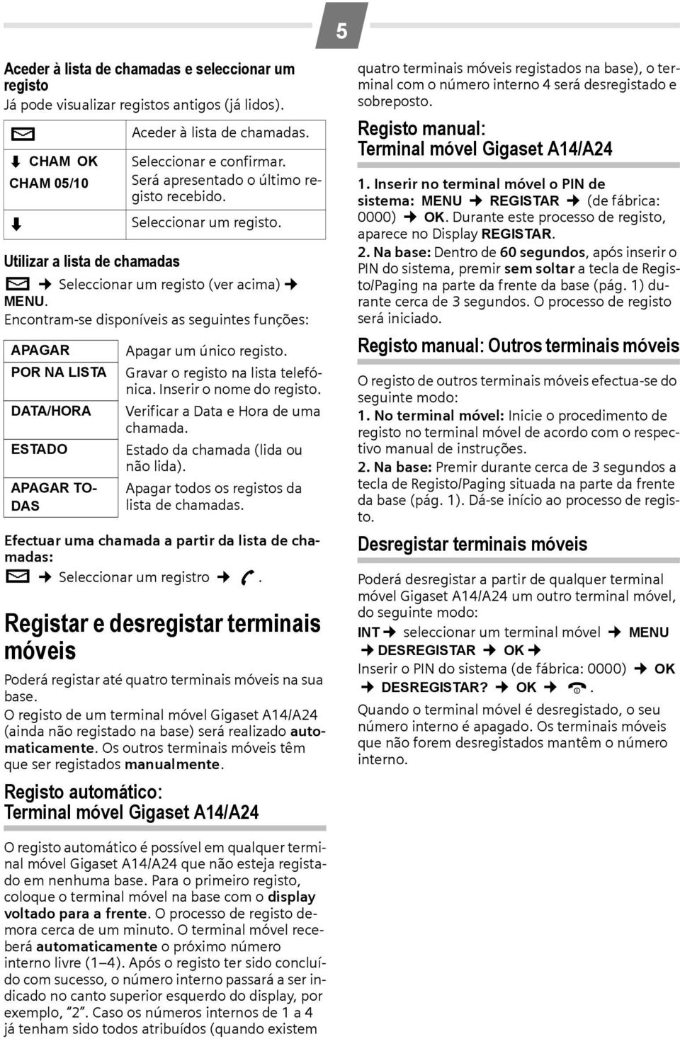 Encontram-se disponíveis as seguintes funções: APAGAR POR NA LISTA DATA/HORA ESTADO APAGAR TO- DAS Seleccionar e confirmar. Será apresentado o último registo recebido. Seleccionar um registo.