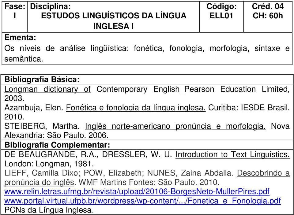Inglês norte-americano pronúncia e morfologia. Nova Alexandria: São Paulo. 2006. DE BEAUGRANDE, R.A., DRESSLER, W. U. Introduction to Text Linguistics. London: Longman, 1981.