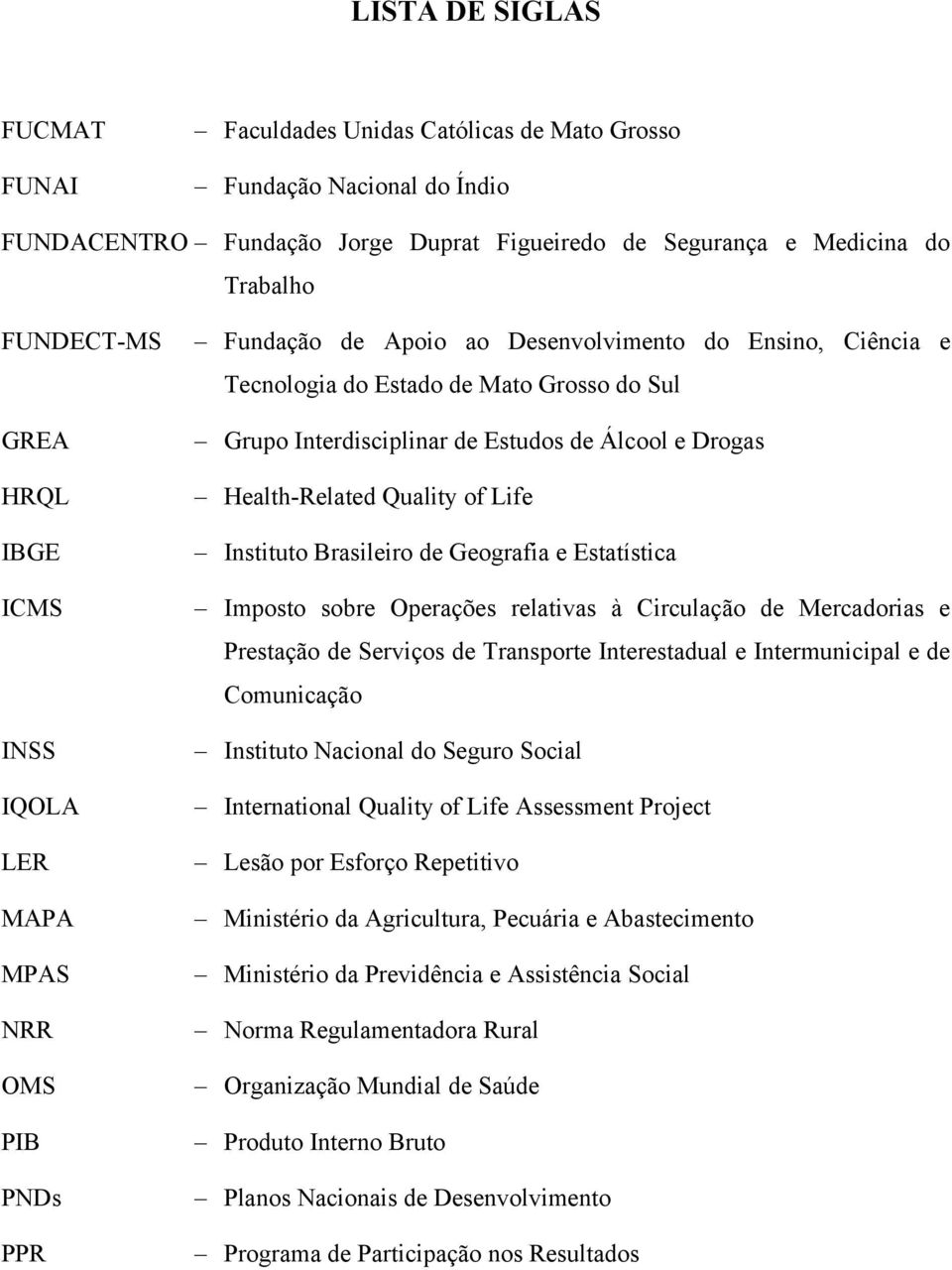 Álcool e Drogas Health-Related Quality of Life Instituto Brasileiro de Geografia e Estatística Imposto sobre Operações relativas à Circulação de Mercadorias e Prestação de Serviços de Transporte