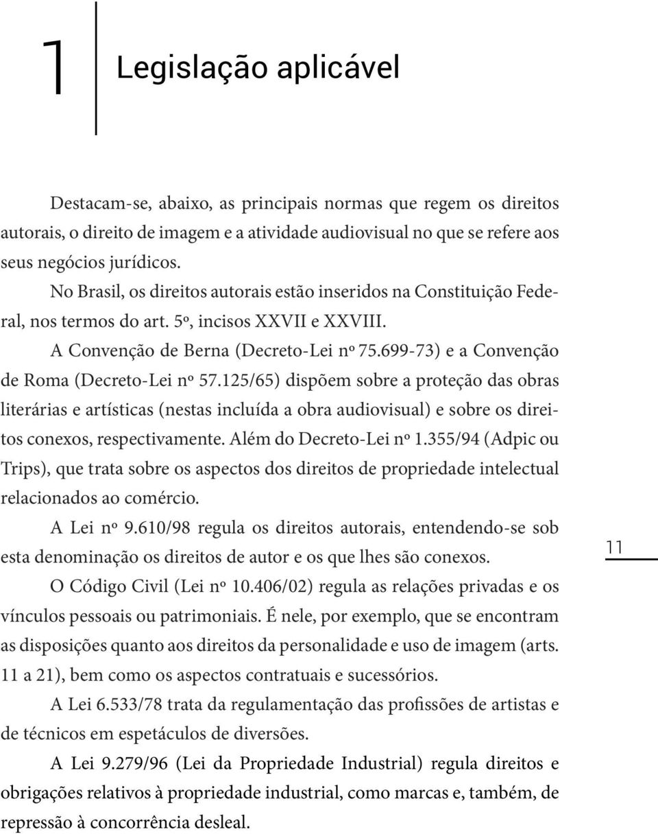 699-73) e a Convenção de Roma (Decreto-Lei nº 57.125/65) dispõem sobre a proteção das obras literárias e artísticas (nestas incluída a obra audiovisual) e sobre os direitos conexos, respectivamente.