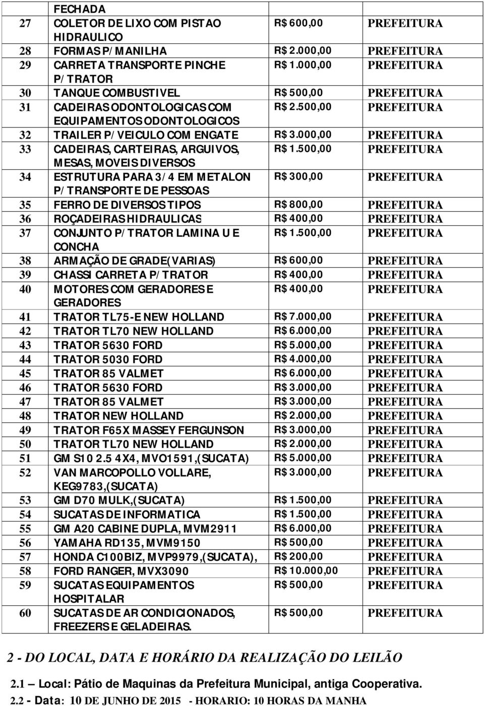 000,00 PREFEITURA 33 CADEIRAS, CARTEIRAS, ARGUIVOS, R$ 1.