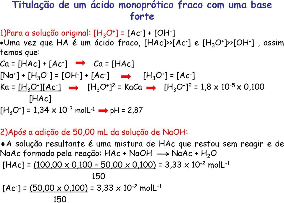 2 = 1,8 x 10-5 x 0,100 [HAc] [H 3 O + ] = 1,34 x 10-3 moll -1 ph = 2,87 2)Após a adição de 50,00 ml da solução de NaOH: A solução resultante é uma mistura de HAc que restou sem