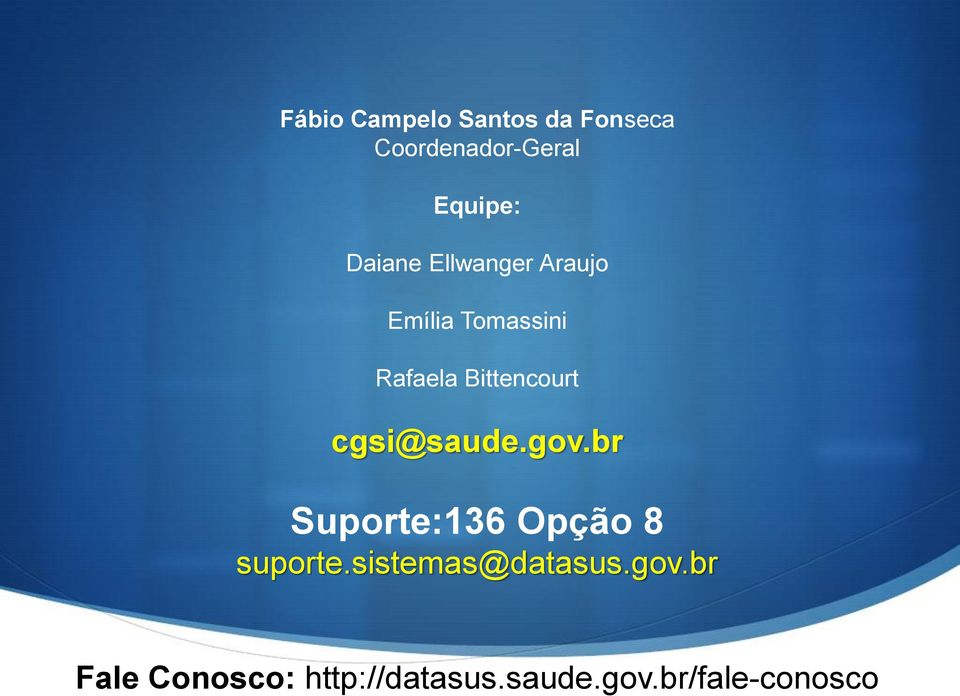 cgsi@saude.gov.br Suporte:136 Opção 8 suporte.