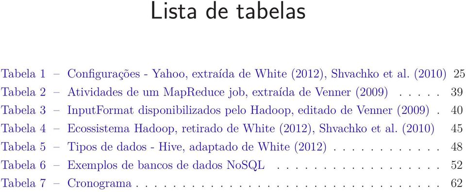 .... 39 Tabela 3 InputFormat disponibilizados pelo Hadoop, editado de Venner (2009).