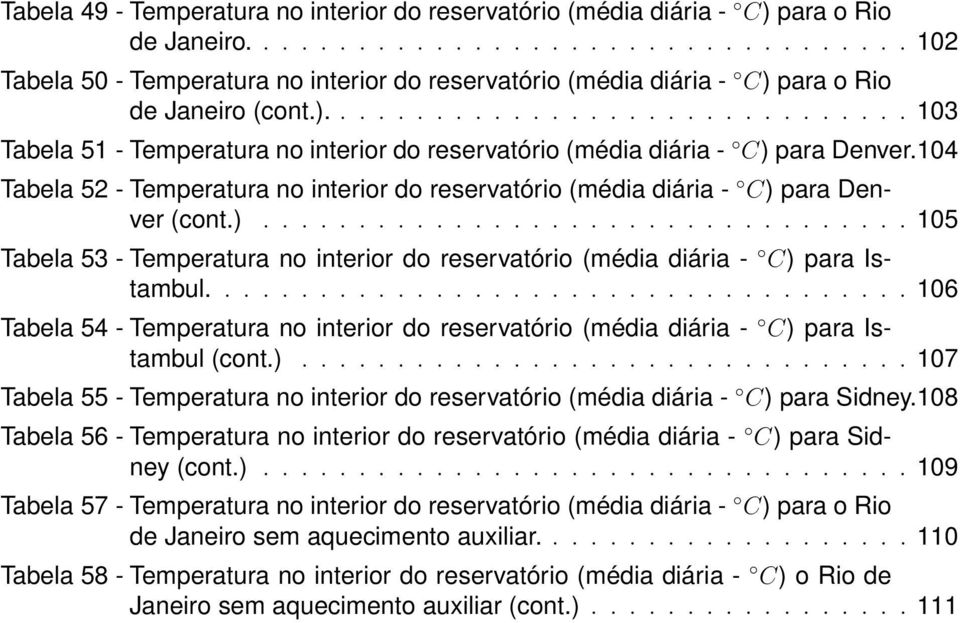 104 Tabela 52 - Temperatura no interior do reservatório (média diária - C) para Denver (cont.).................................. 105 Tabela 53 - Temperatura no interior do reservatório (média diária - C) para Istambul.