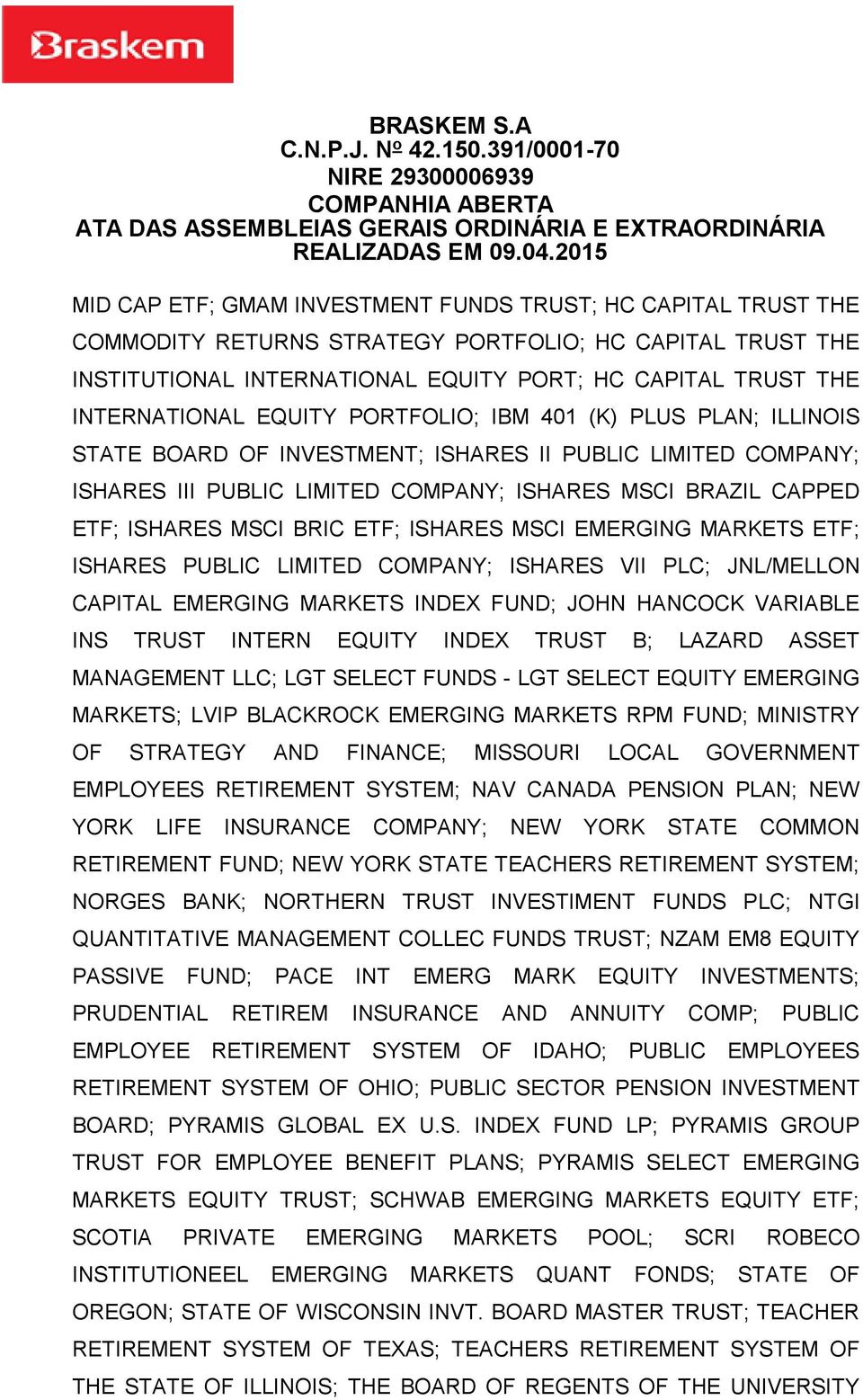 ETF; ISHARES MSCI EMERGING MARKETS ETF; ISHARES PUBLIC LIMITED COMPANY; ISHARES VII PLC; JNL/MELLON CAPITAL EMERGING MARKETS INDEX FUND; JOHN HANCOCK VARIABLE INS TRUST INTERN EQUITY INDEX TRUST B;