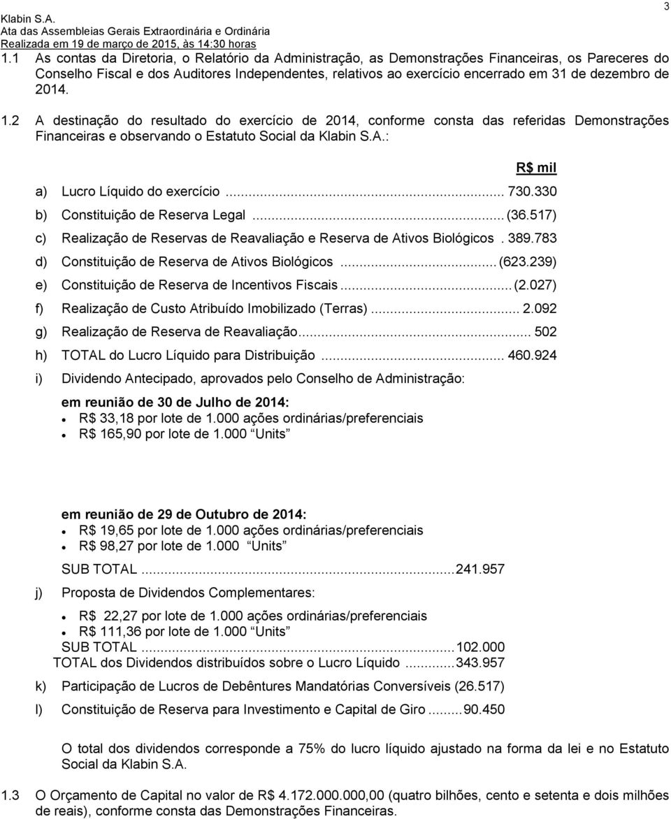 .. 730.330 b) Constituição de Reserva Legal... (36.517) c) Realização de Reservas de Reavaliação e Reserva de Ativos Biológicos. 389.783 d) Constituição de Reserva de Ativos Biológicos... (623.