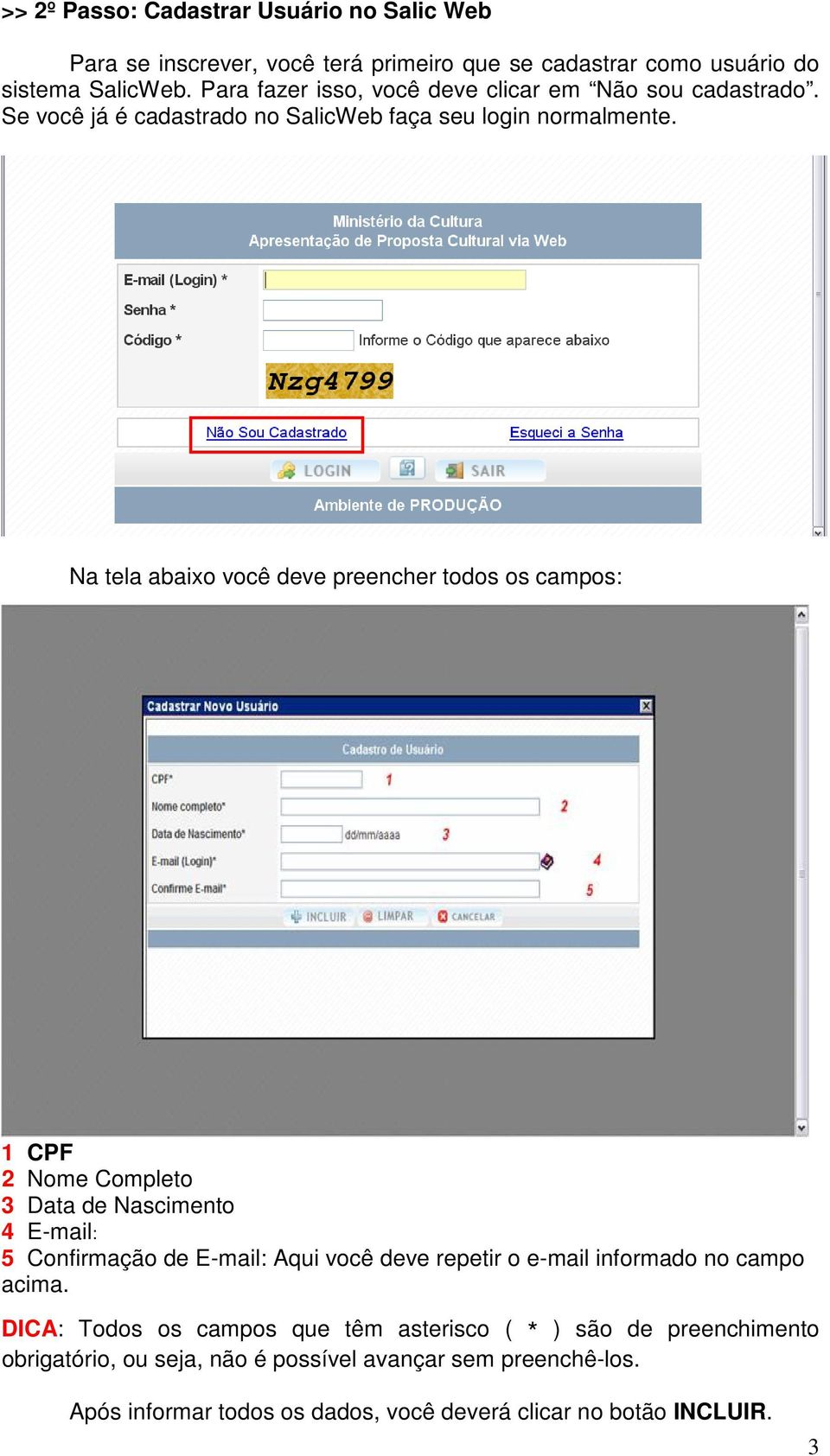 Na tela abaixo você deve preencher todos os campos: 1 CPF 2 Nome Completo 3 Data de Nascimento 4 E-mail: 5 Confirmação de E-mail: Aqui você deve repetir o