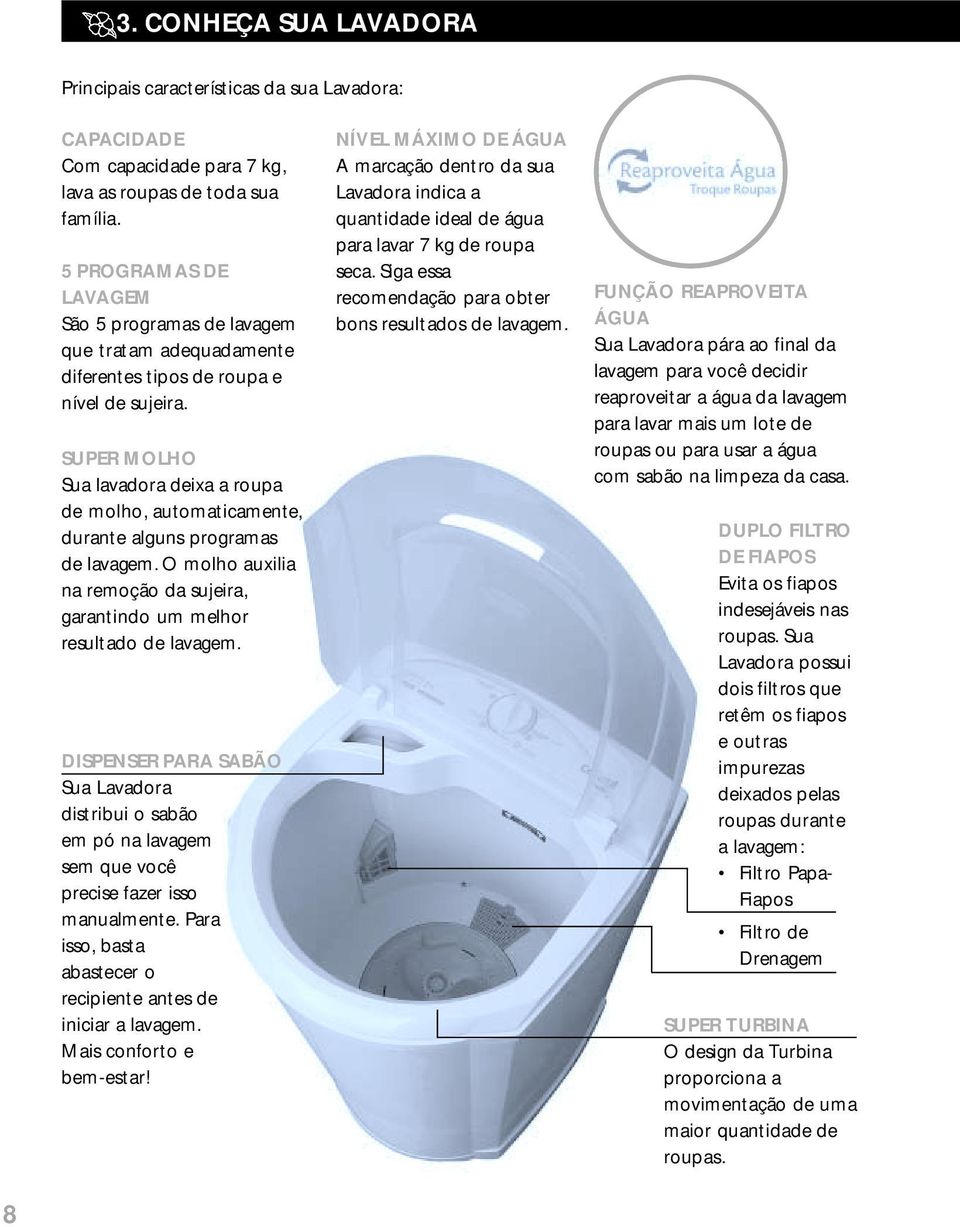 SUPER MOLHO Sua lavadora deixa a roupa de molho, automaticamente, durante alguns programas de lavagem. O molho auxilia na remoção da sujeira, garantindo um melhor resultado de lavagem.