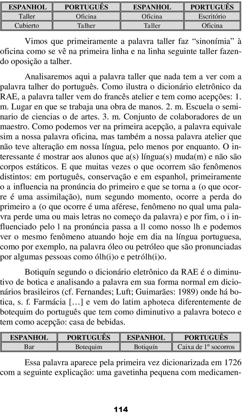 Como ilustra o dicionário eletrônico da RAE, a palavra taller vem do francês atelier e tem como acepções: 1. m. Lugar en que se trabaja una obra de manos. 2. m. Escuela o seminario de ciencias o de artes.