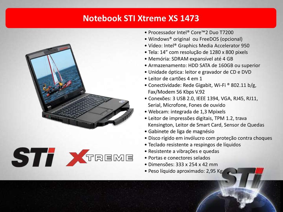 11 b/g, Fax/Modem 56 Kbps V.92 Conexões: 3 USB 2.0, IEEE 1394, VGA, RJ45, RJ11, Serial, Microfone, Fones de ouvido Webcam: integrada de 1,3 Mpixels Leitor de impressões digitais, TPM 1.