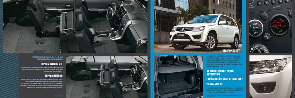 ESPAÇO INTERNO O GRAND VITARA TEM A MEDIDA IDEAL PARA A FAMÍLIA E UM PORTA-MALAS DE 1.000L*, COM CAPACIDADE PARA DOBRAR O ESPAÇO COM O REBATIMENTO DOS BANCOS.