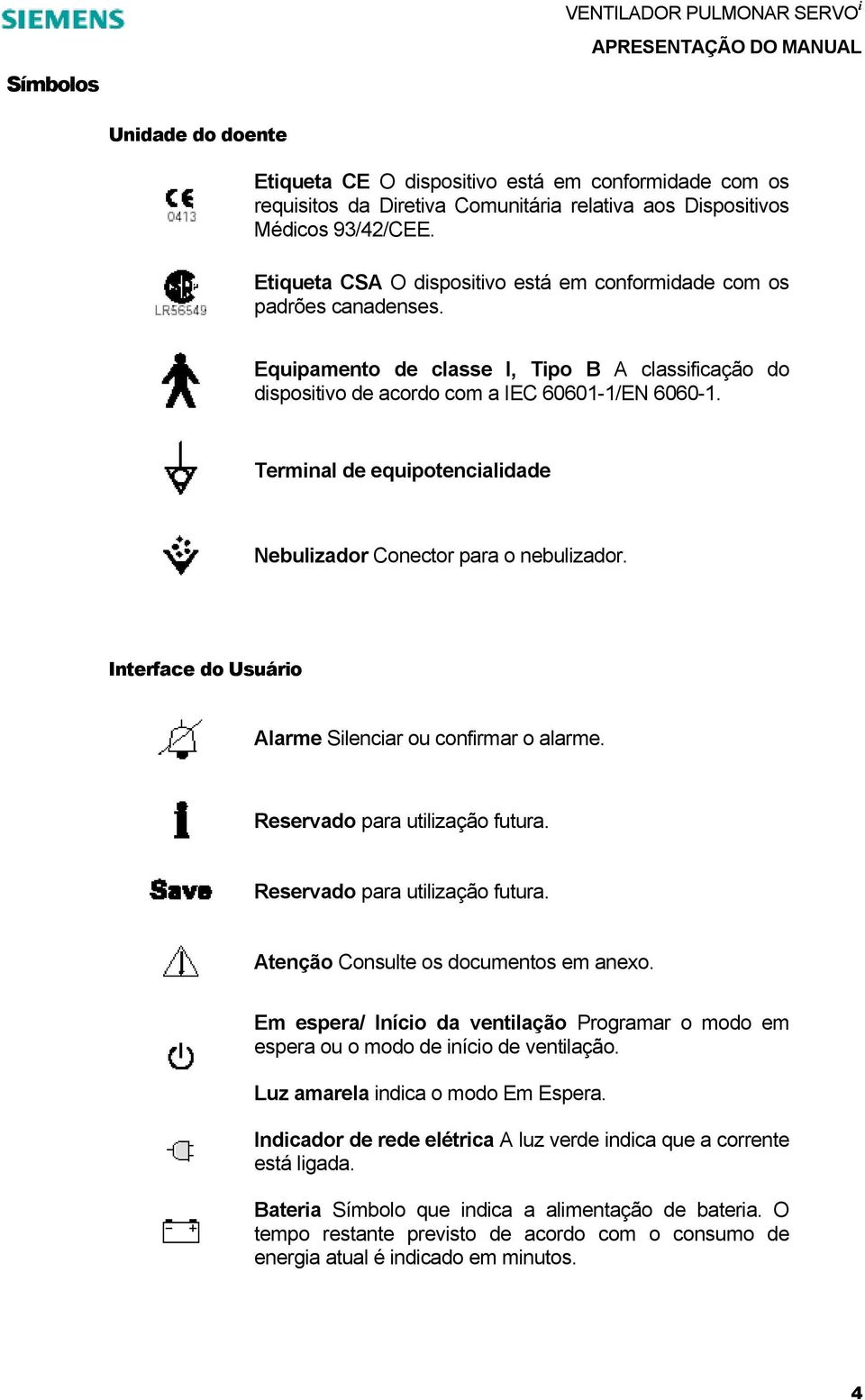 Terminal de equipotencialidade Nebulizador Conector para o nebulizador. Interface do Usuário Alarme Silenciar ou confirmar o alarme. Reservado para utilização futura.