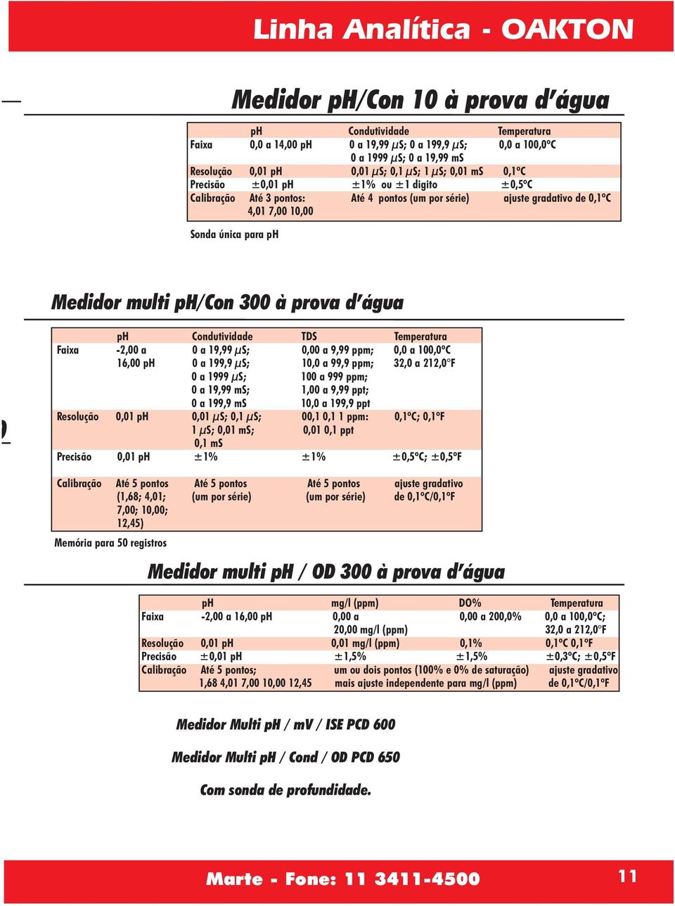 multi ph/con 300 à prova d água 0 ph Condutividade TDS Temperatura Faixa -2,00 a 0 a 19,99 µs; 0,00 a 9,99 ppm; 0,0 a 100,0ºC 16,00 ph 0 a 199,9 µs; 10,0 a 99,9 ppm; 32,0 a 212,0 F 0 a 1999 µs; 100 a