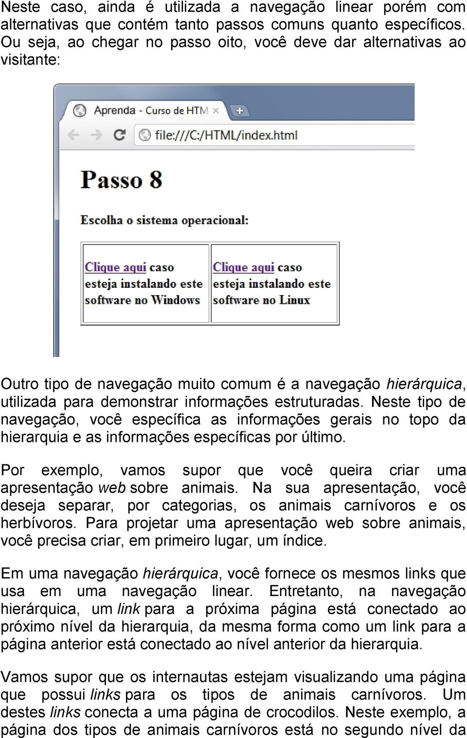 Neste tipo de navegação, você específica as informações gerais no topo da hierarquia e as informações específicas por último.