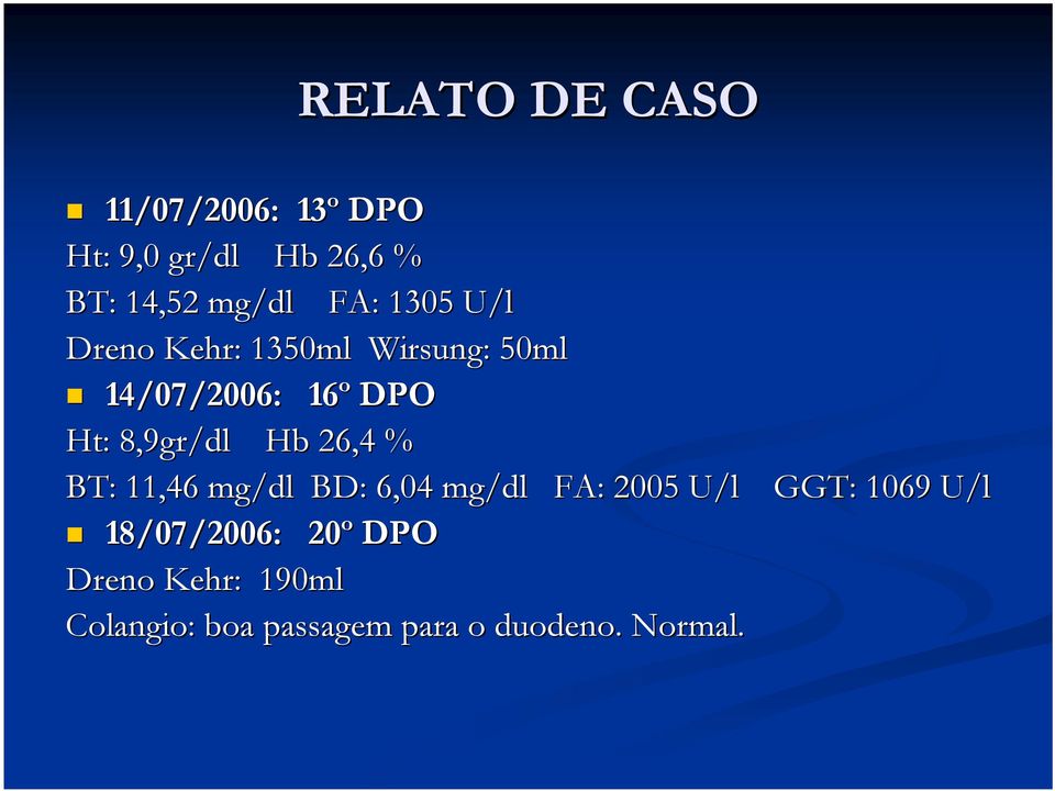 Hb 26,4 % BT: 11,46 mg/dl BD: 6,04 mg/dl FA: 2005 U/l GGT: 1069 U/l