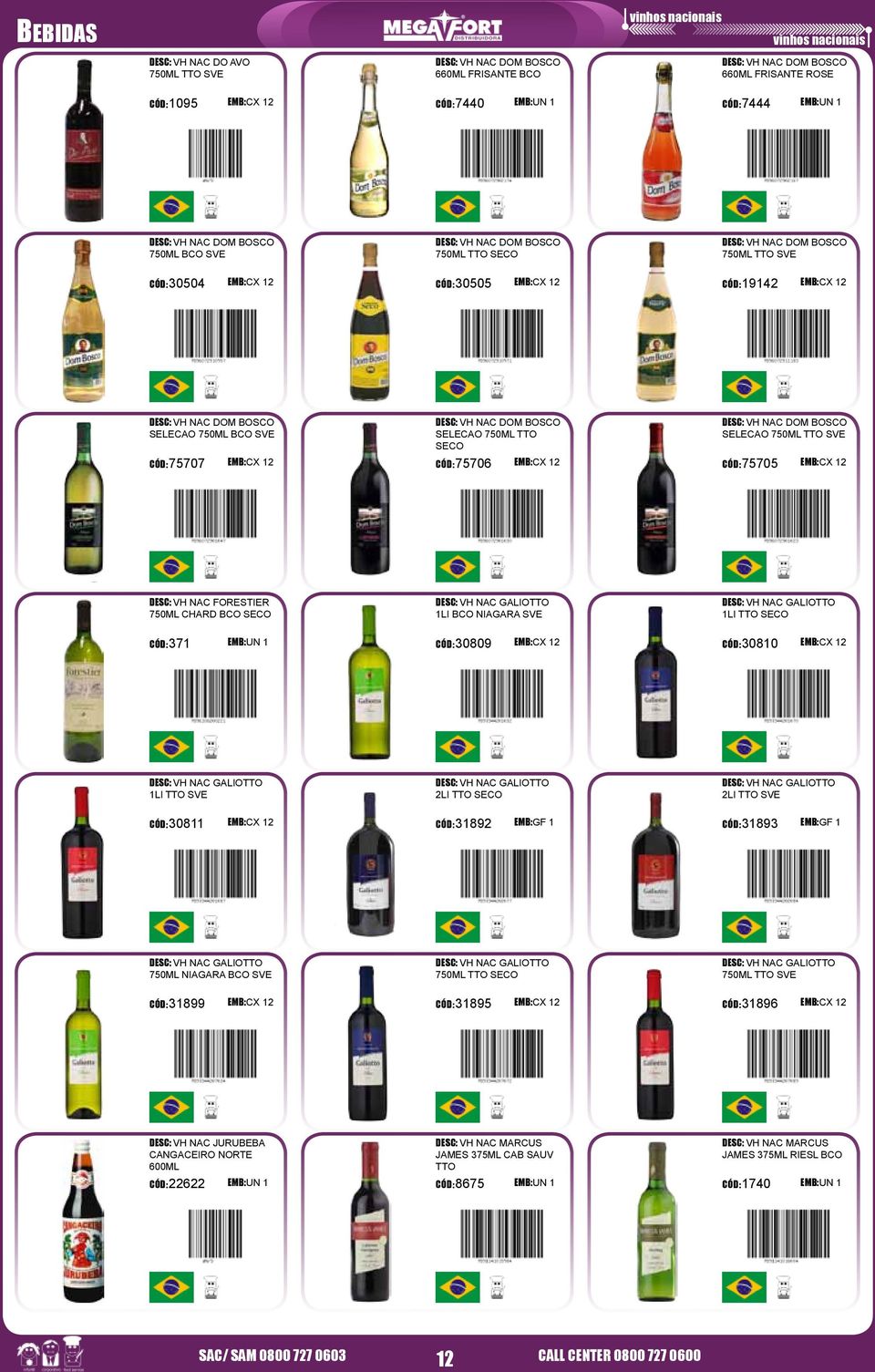 CÓD:75707 EMB:CX 12 DESC: VH NAC DOM BOSCO SELECAO 750ML TTO SECO CÓD:75706 EMB:CX 12 DESC: VH NAC DOM BOSCO SELECAO 750ML TTO SVE CÓD:75705 EMB:CX 12 DESC: VH NAC FORESTIER 750ML CHARD BCO SECO