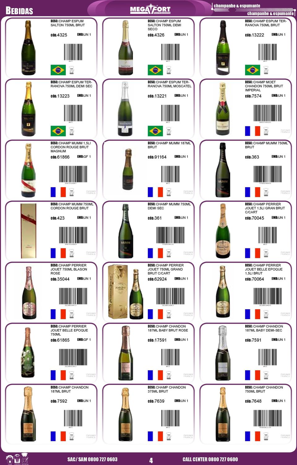 ROUGE BRUT MAGNUM CÓD:61866 EMB:GF 1 DESC: CHAMP MUMM 187ML BRUT CÓD:91164 EMB:UN 1 DESC: CHAMP MUMM 750ML BRUT CÓD:363 EMB:UN 1 DESC: CHAMP MUMM 750ML CORDON ROUGE BRUT CÓD:423 EMB:UN 1 DESC: CHAMP