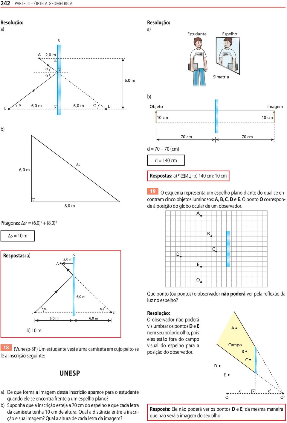 itágoras: Δs = (6,0) + (8,0) Δs = 0 m Respostas: a) S,0 m D 6,0 m Que ponto (ou pontos) o observaor não poerá ver pela ref leão a luz no espelho?