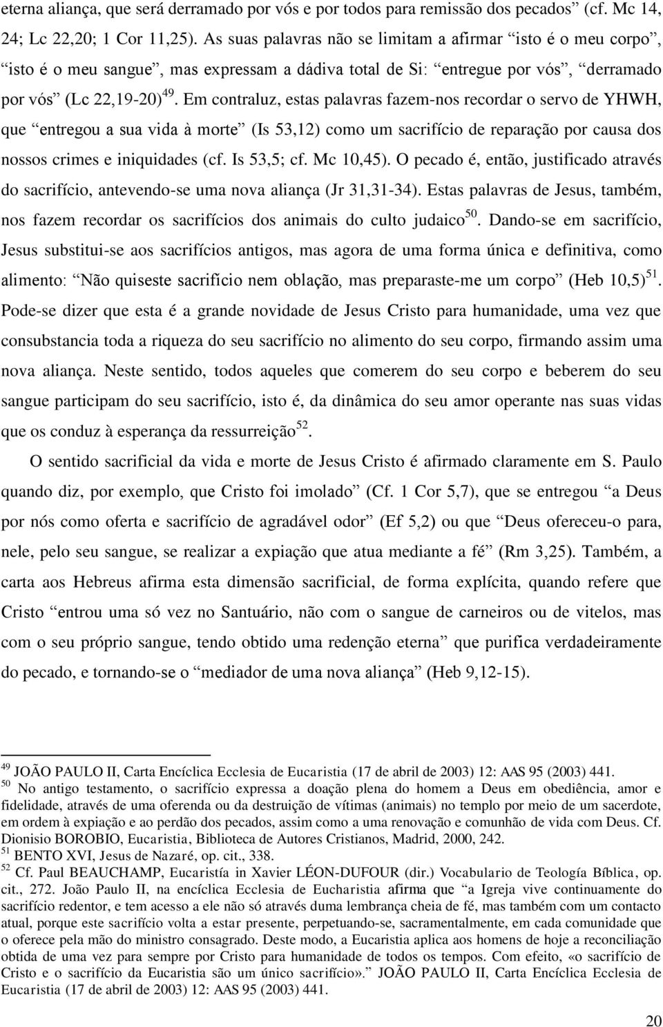 Em contraluz, estas palavras fazem-nos recordar o servo de YHWH, que entregou a sua vida à morte (Is 53,12) como um sacrifício de reparação por causa dos nossos crimes e iniquidades (cf. Is 53,5; cf.