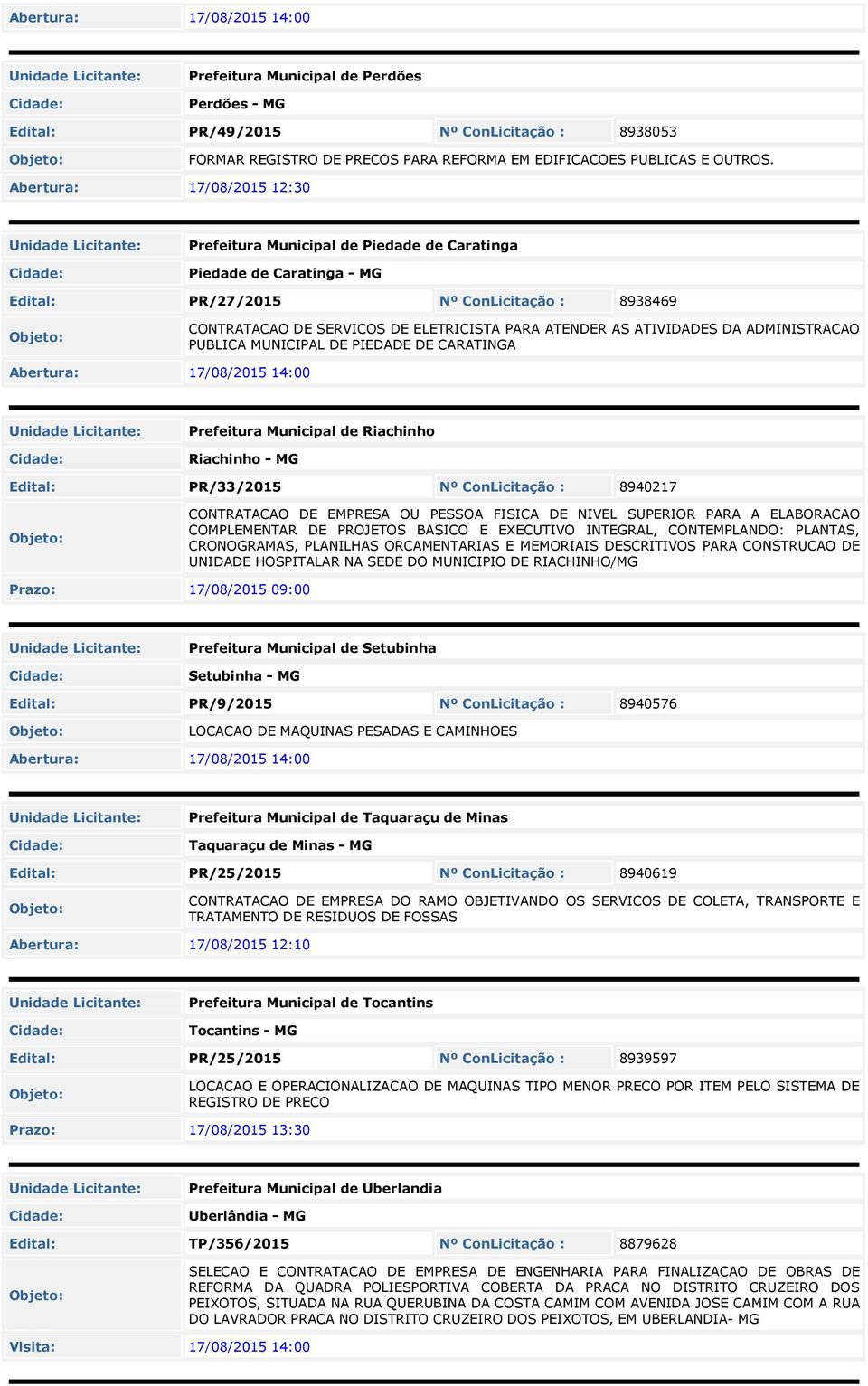 ATIVIDADES DA ADMINISTRACAO PUBLICA MUNICIPAL DE PIEDADE DE CARATINGA Abertura: 17/08/2015 14:00 Prefeitura Municipal de Riachinho Riachinho - MG Edital: PR/33/2015 Nº ConLicitação : 8940217