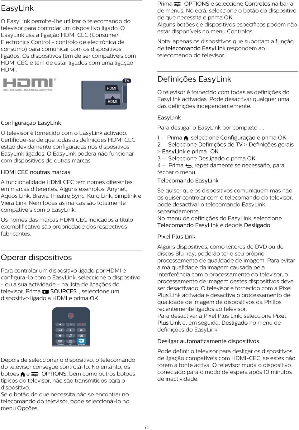 O EasyLink usa a ligação HDMI CEC (Consumer Electronics Control - controlo de electrónica de consumo) para comunicar com os dispositivos ligados.
