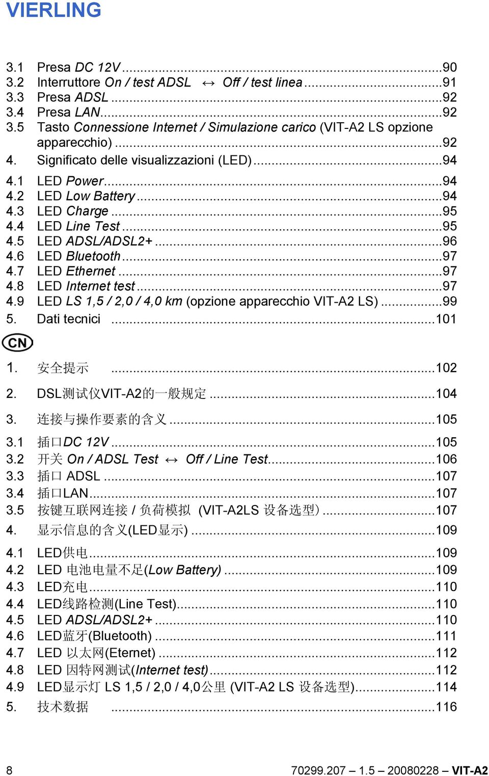 7 LED Ethernet...97 4.8 LED Internet test...97 4.9 LED LS 1,5 / 2,0 / 4,0 km (opzione apparecchio VIT-A2 LS)...99 5. Dati tecnici...101 1. 安 全 提 示...102 2. DSL 测 试 仪 VIT-A2 的 一 般 规 定...104 3.