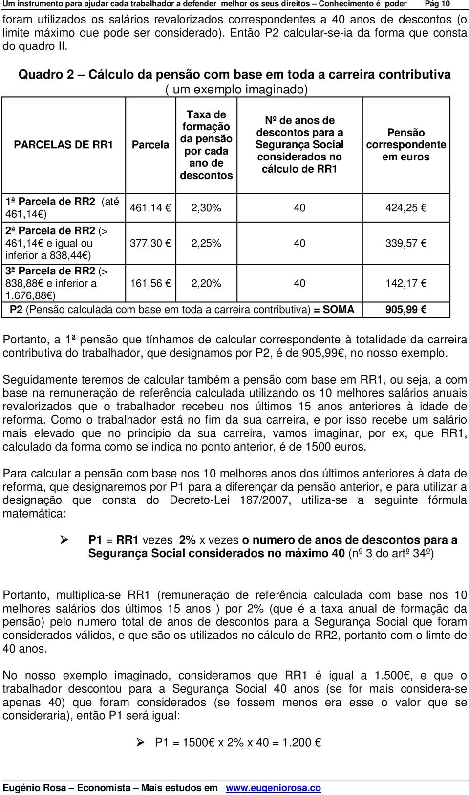 Quadro 2 Cálculo da pensão com base em toda a carreira contributiva ( um exemplo imaginado) PARCELAS DE RR1 Parcela Taxa de formação da pensão por cada ano de descontos Nº de anos de descontos para a