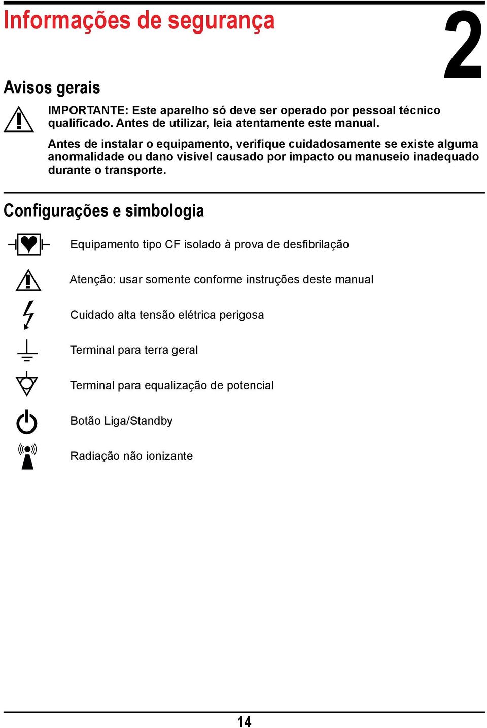 Antes de instalar o equipamento, verifique cuidadosamente se existe alguma anormalidade ou dano visível causado por impacto ou manuseio inadequado