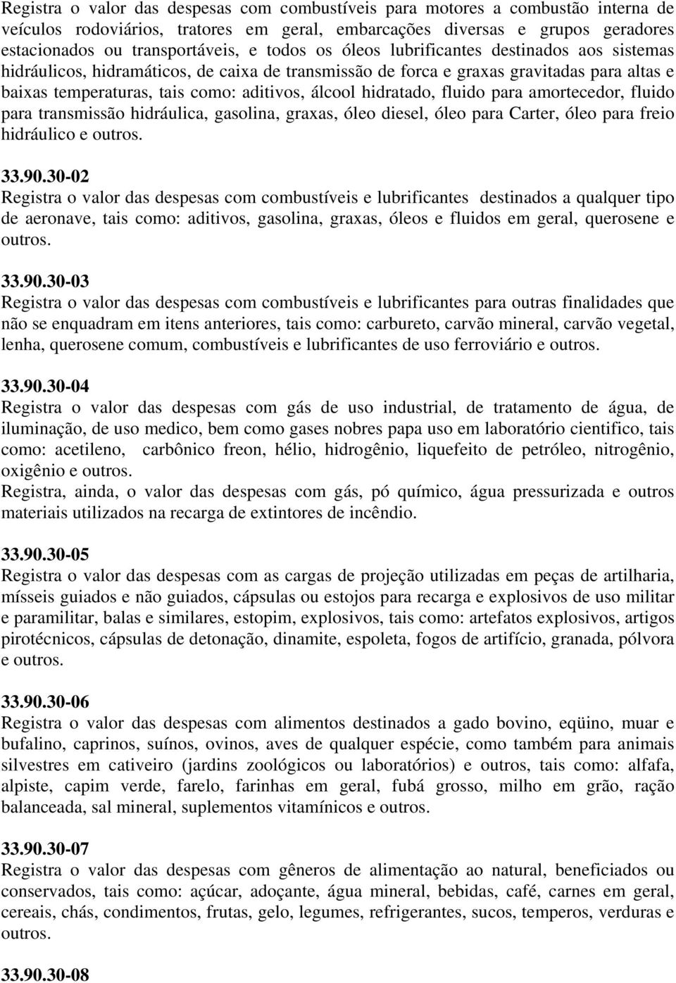 hidratado, fluido para amortecedor, fluido para transmissão hidráulica, gasolina, graxas, óleo diesel, óleo para Carter, óleo para freio hidráulico e outros. 33.90.