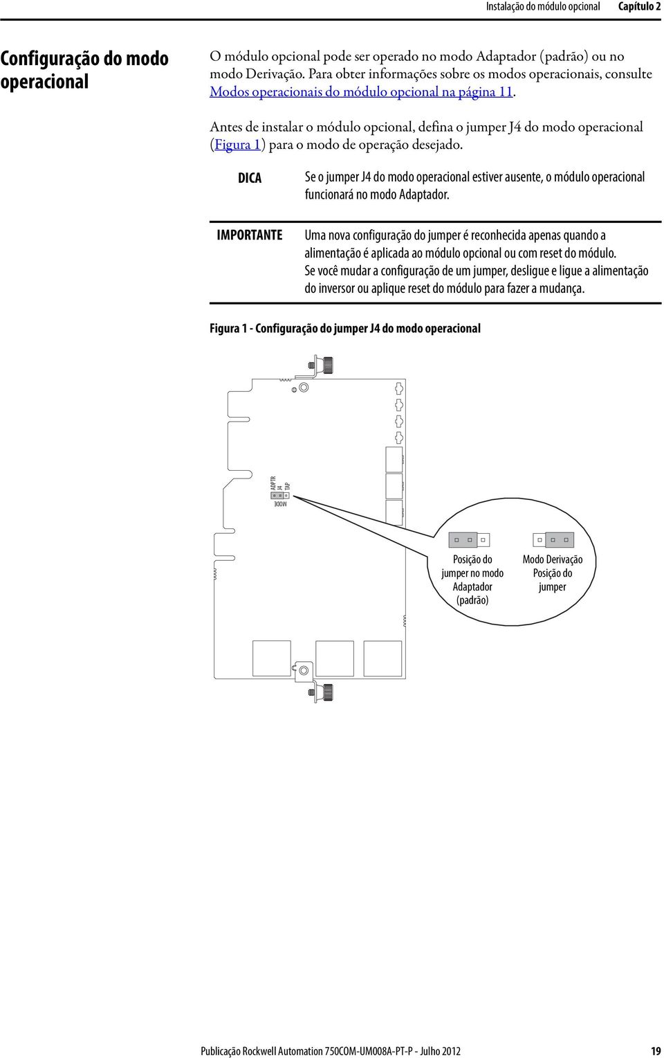 Antes de instalar o módulo opcional, defina o jumper J4 do modo operacional (Figura 1) para o modo de operação desejado.