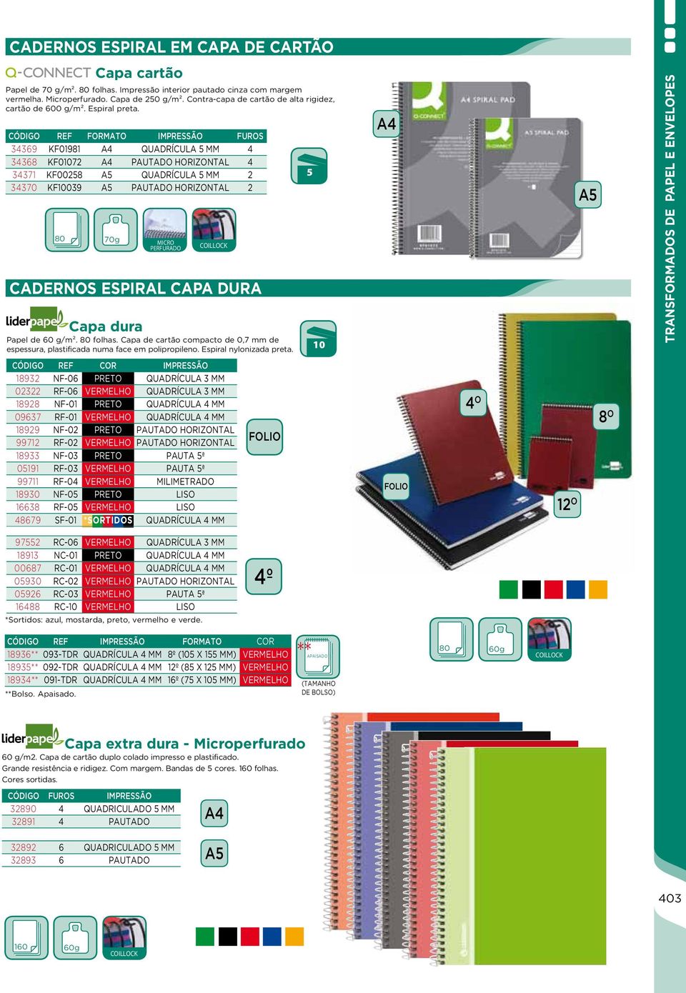 REF FORMATO IMPRESSÃO FUROS 34369 KF01981 QUADRÍCULA 5 mm 4 34368 KF072 PAUTADO horizontal 4 34371 KF00258 QUADRÍCULA 5 mm 2 34370 KF039 PAUTADO horizontal 2 80 70g MICRO PERFuRADO Coillock CADERNOS