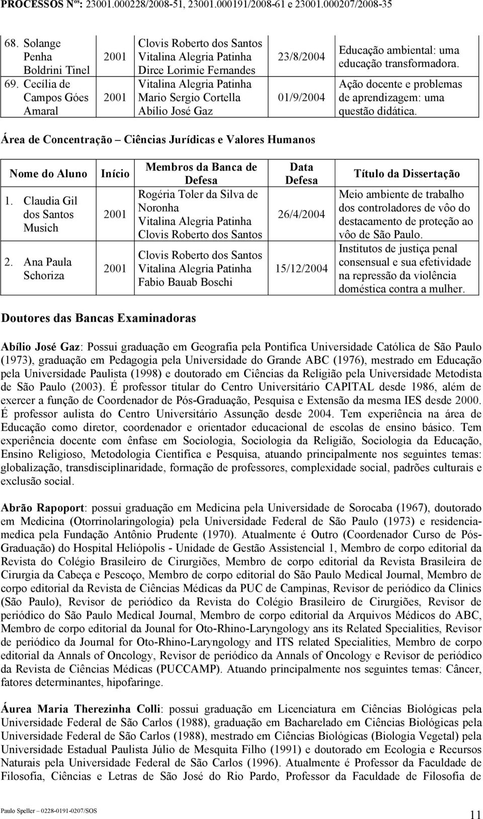 Ana Paula Schoriza Início Membros da Banca de Defesa Fabio Bauab Boschi Data Defesa 26/4/2004 15/12/2004 Título da Dissertação Meio ambiente de trabalho dos controladores de vôo do destacamento de