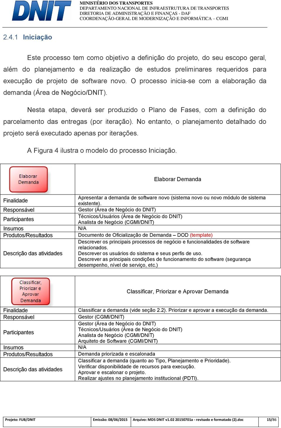 No entanto, o planejamento detalhado do projeto será executado apenas por iterações. A Figura 4 ilustra o modelo do processo Iniciação.