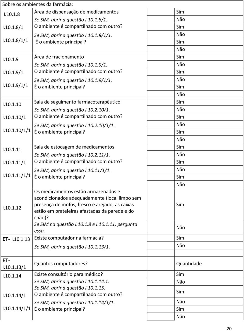 O ambiente é compartilhado com outro? Se SIM, abrir a questão I.10.1.9/1/1. É o ambiente principal? Sala de seguimento farmacoterapêutico Se SIM, abrir a questão I.10.2.10/1.