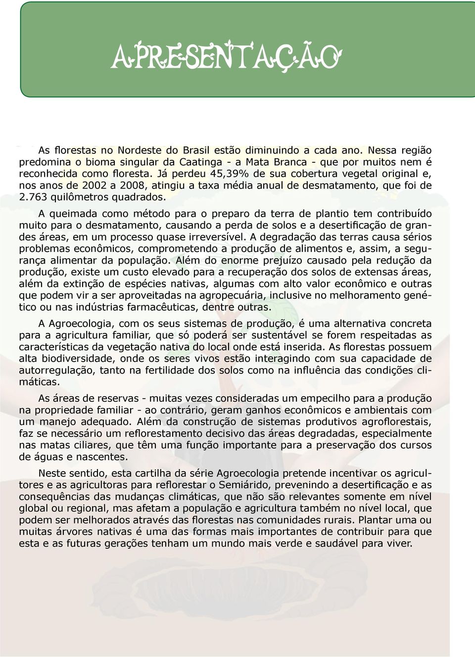 A queimada como método para o preparo da terra de plantio tem contribuído muito para o desmatamento, causando a perda de solos e a desertificação de grandes áreas, em um processo quase irreversível.