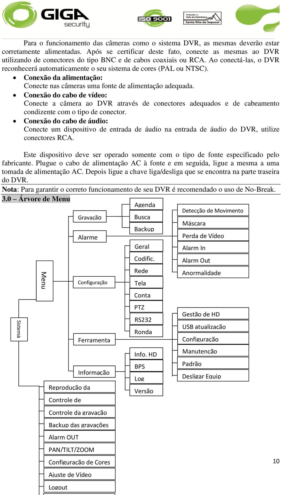 Ao conectá-las, o DVR reconhecerá automaticamente o seu sistema de cores (PAL ou NTSC). Conexão da alimentação: Conecte nas câmeras uma fonte de alimentação adequada.