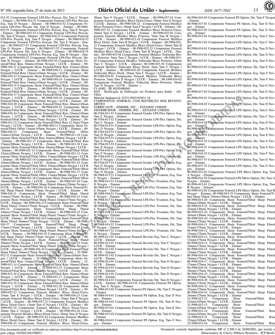 Componente Femoral LPS-Flex Precoat, Dir, Tam E Nexgen - Zimmer ; 00-5960-016-51 Componente Femoral LPS-Flex Precoat, Esq, Tam F Nexgen - Zimmer ; 00-5960-016-52 Componente Femoral LPS-Flex Precoat,