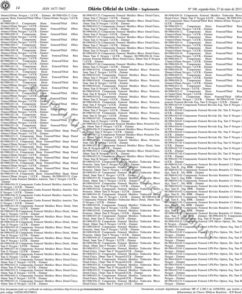 Femoral/Tibial Offset 15mmx145mm Nexgen / LCCK - Zimmer 00-5988-020-16 Componente Haste Femoral/Tibial Offset 16mmx145mm Nexgen / LCCK - Zimmer 00-5988-020-17 Componente Haste Femoral/Tibial Offset